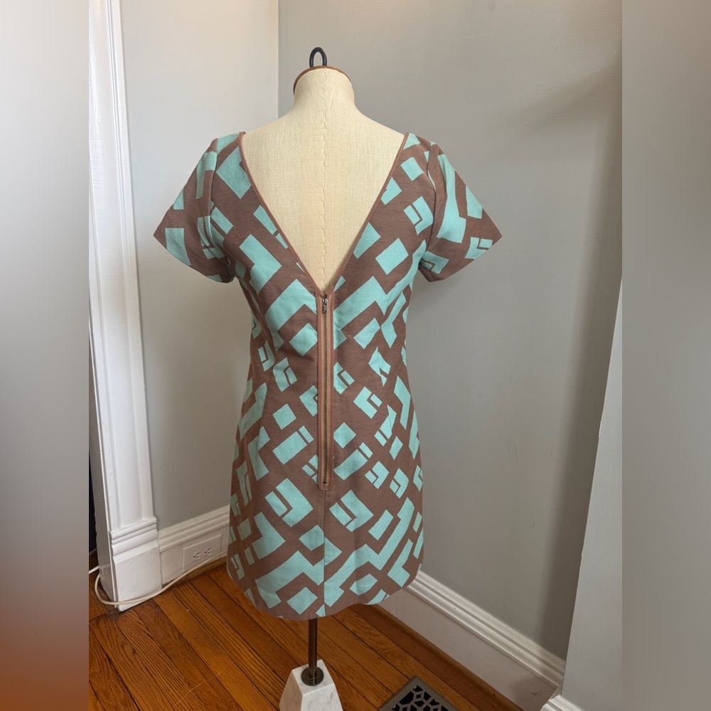 Tracy Reese Aqua and Brown Geometric Shift Dress - Picture 2 of 4